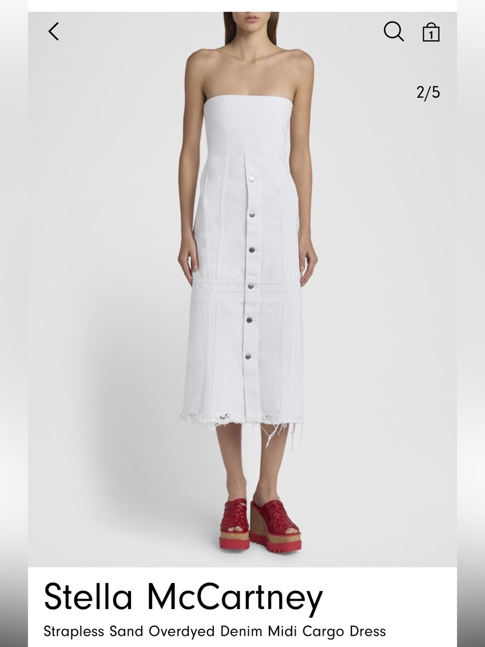 Strapless White Denim Midi Dress with Front Buttons